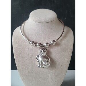 925 Sterling Silver Beaded Puffed Cat Pendant Collar Statement Necklace Vintage